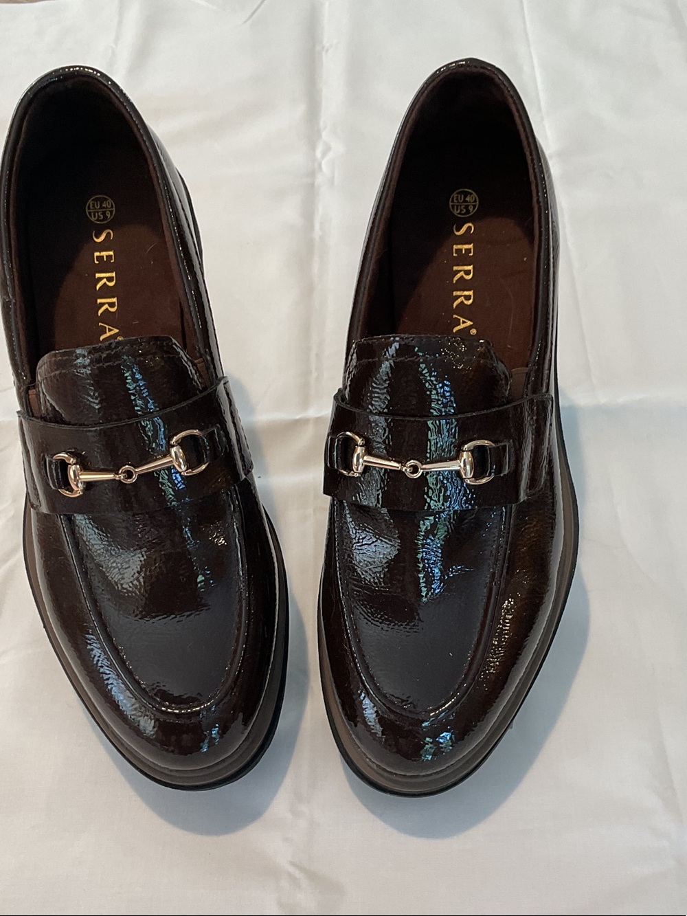 Serra Woman’s Dark Brown Patent Loafers with Gold Bit